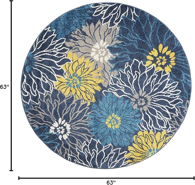 Nourison Passion Blue 5'3" x Round Area Rug, Floral, Farmhouse, Easy Cleaning, Non Shedding, Bed Room, Living Room, Dining Room, Kitchen, (5' Round)