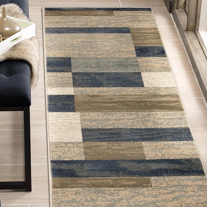 Superior Indoor Runner Rug, Jute Backed, Modern Geometric Patchwork Floor Decor for Bedroom, Office, Living Room, Entryway, Hardwood Floors, Rockwood Collection, 2' 7" x 10', Midnight Navy
