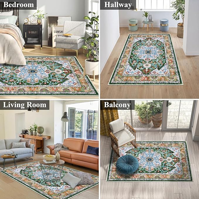 U'Artlines Boho Vintage Area Rug 3x5 Machine Washable Low Pile Soft Floor Carpet Non Slip Non Shedding Accent Rug for Living Room Bedroom Entryway Dining Room Office Green
