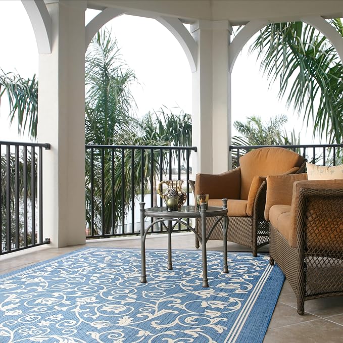 SAFAVIEH Courtyard Collection 9' x 12' Blue / Natural CY2098 Scroll Indoor/ Outdoor Waterproof Easy-Cleaning Patio Backyard Mudroom Area-Rug