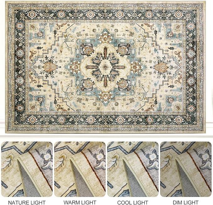 Area Rugs for Living Room 9x12 - Large Machine Washable Vintage Oriental Soft Rug, Low Pile Thin Carpet with Non Slip Backing for Bedroom, Dorm, Under Dining Room Table, Indoor House, Office Decor