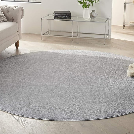 Nourison Essentials Indoor/Outdoor Silver Grey 8' x Round Area Rug, Easy Cleaning, Non Shedding, Bed Room, Living Room, Dining Room, Backyard, Deck, Patio (8 Round)