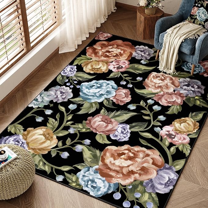 Black Area Rug 3x5 Floral Office Door Mat Living Room Indoor Non Slip Kitchen Carpet Washable Bedroom Low Pile Soft Accent Rug for Office Dining Room Bathroom Farmhouse