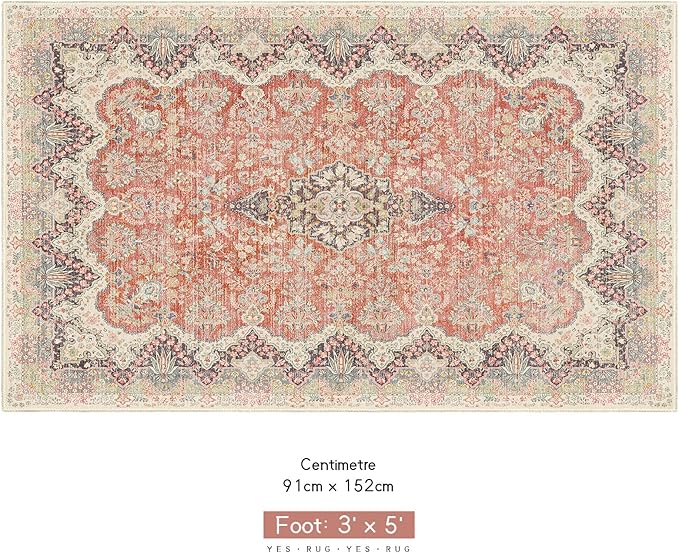 Boho Rug 3x5 Area Rugs, Washable Vintage Rug for Bedroom Living Room Kitchen Office Laundry Room, Non Slip Small Soft Rugs Retro Distressed Floor Carpet, Red Grey