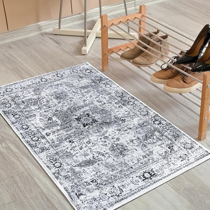 Keeko Small Rugs for Entryway, 2x3 Grey Living Room Area Rug Vintage Door Mat Accent Bedroom Bedside Rug Indoor Low Pile Retro Non Slip Front Door Print Throw Rugs for Kitchen Laundry Room Decor