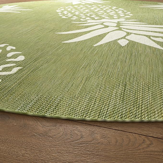 LR Home 5ft Round Indoor/Outdoor Area Rug for Home Decor | Coastal Pineapples Large Size Carpet for Living Room, Bedroom, Playroom, Patio, Garden | Tropical Farmhouse Rug | Dark Green/Beige