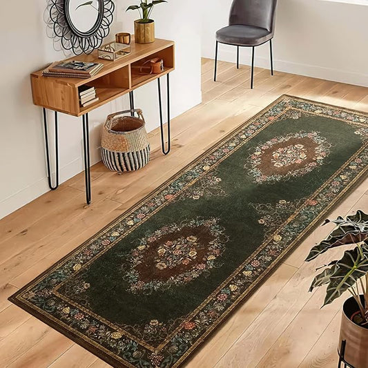 RYB HOME 2x8 Bedroom Rug Runner, Extra Long Floral Vintage Entrance Runner Rug, Soft Stain Resistant Non Slip for Hallway Living Room Doorway, 2x8 ft, Olive Green