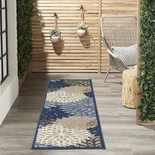 Nourison Aloha Indoor/Outdoor Blue/Multicolor 2'3" x 12' Area Rug, Tropical, Botanical, Easy Cleaning, Non Shedding, Bed Room, Living Room, Dining Room, Deck, Backyard, Patio (2x12)