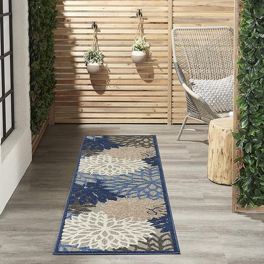 Nourison Aloha Indoor/Outdoor Blue/Multicolor 2'3" x 12' Area Rug, Tropical, Botanical, Easy Cleaning, Non Shedding, Bed Room, Living Room, Dining Room, Deck, Backyard, Patio (2x12)