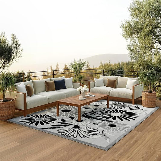 Nourison Aloha Indoor/Outdoor Black White 9' x 12' Area Rug, Easy Cleaning, Non Shedding, Bed Room, Living Room, Dining Room, Kitchen (9x12)