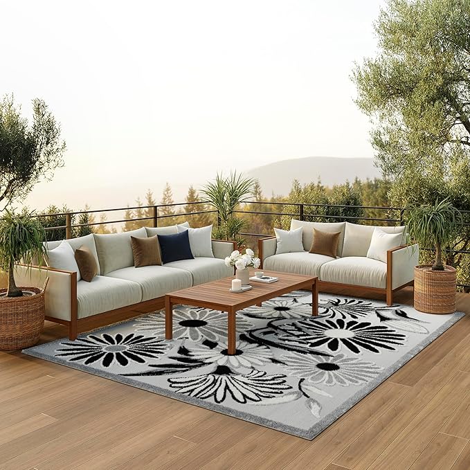 Nourison Aloha Indoor/Outdoor Black White 6' x 9' Area Rug, Easy Cleaning, Non Shedding, Bed Room, Living Room, Dining Room, Kitchen (6x9)