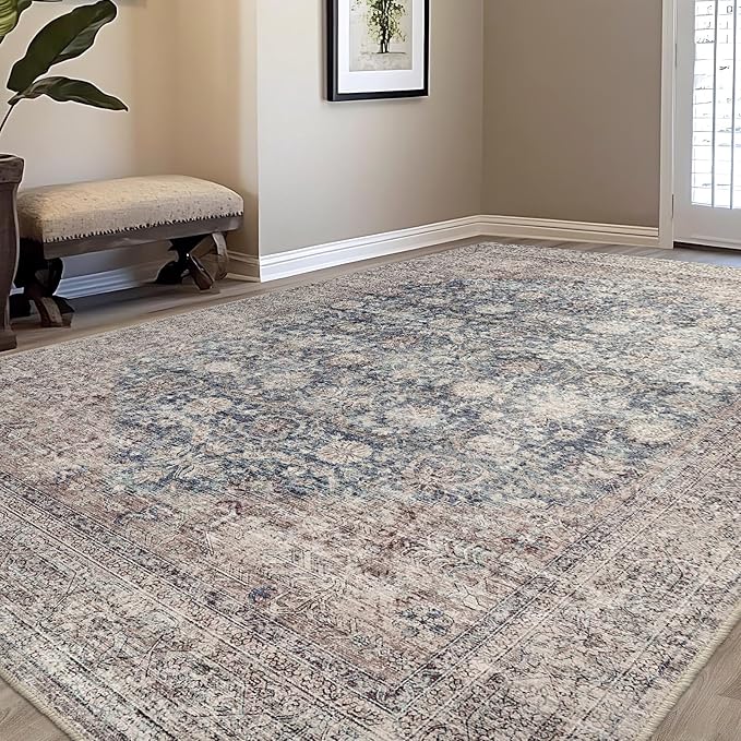 Vintage Living Room Rug, 9x12 Area Rug Large Washable Rugs for Bedroom, Soft Dining Room Carpet Non-Slip Non-Shedding Throw Rug for Farmhouse Indoor Kids Playroom (Teal/Antique 9x12)