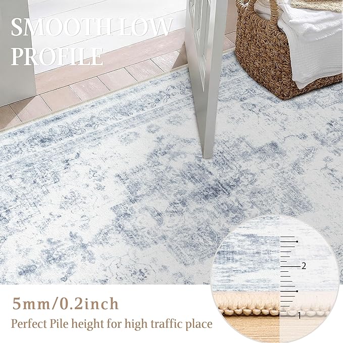 Washable Rug 6x9 Area Rug for Living Room Blue Vintage Boho Medallion Large Distressed Retro Carpet Non Slip Indoor Low Pile Small Soft Bedroom Dining Room Home Office