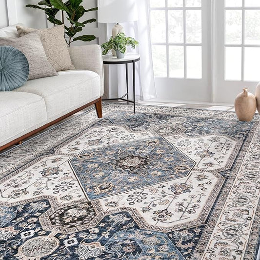 RUUGME Vintage Area Rugs 5x7 - Soft Area Rug for Living Room Stain Resistant Carpet Vintage Lightweight Rugs for Bedroom with Non Slip Backing Indoor Ultra-Thin Rugs 5x7 Navy