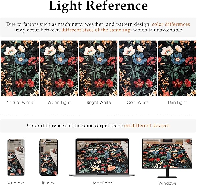 Black Area Rug 4x6 Office Floral Indoor Door Mat Washable Boho Kitchen Living Room Carpet Non Slip Bedroom Low Pile Lightweight Throw Rug for Dining Room Farmhouse
