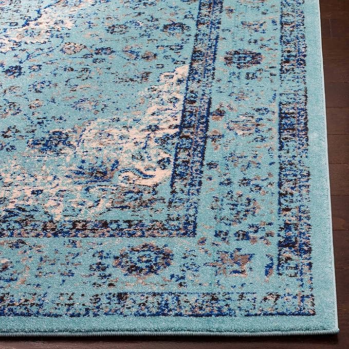 SAFAVIEH Evoke Collection 2'2" x 9' Light Blue / Light Blue EVK220E Shabby Chic Oriental Medallion Non-Shedding Living Room Entryway Foyer Hallway Bedroom Runner Rug