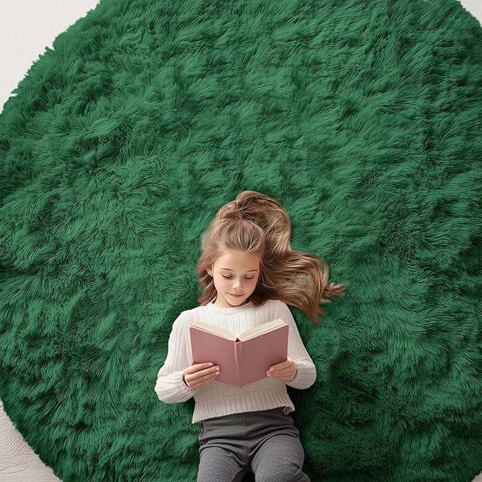 OLANLY Dark Green Round Rugs for Bedroom - Machine Washable, 8x8 Feet Circle Area Rugs for Living Room, Soft Fluffy Shaggy Carpet for Teen Girls and Boys, Dorms, Nursery Rooms, Home Decor Aesthetic