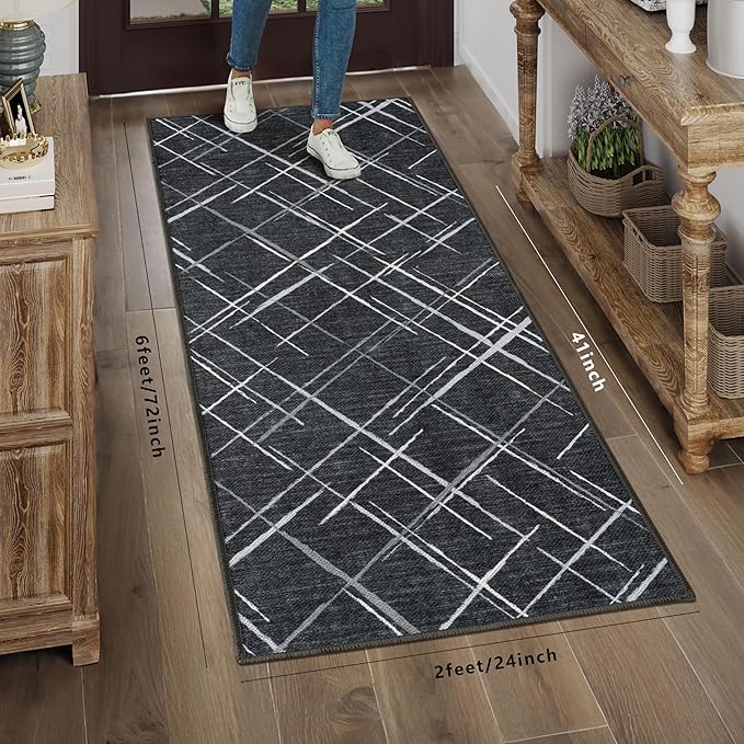Runners for Hallways Kitchen Runner Rug Non Slip 2x6 Washable Runner Rugs No Pile Tear and Stain Resistance, Hand Woven Style Thin Runners for Hallways, Kitchen, Laundry, Bathroom- Black