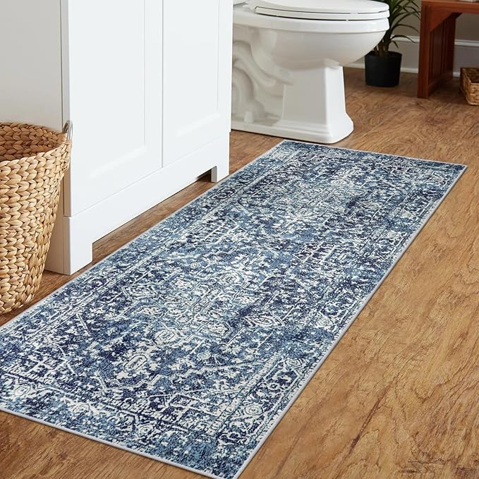 Morebes Washable 2x5 Bathroom Runner Rug, Vintage Medallion Runner Rug for Kitchen, Soft Low Pile Non Slip Indoor Floor Throw Carpet for Entryway Bedroom Hallways, Deep Blue