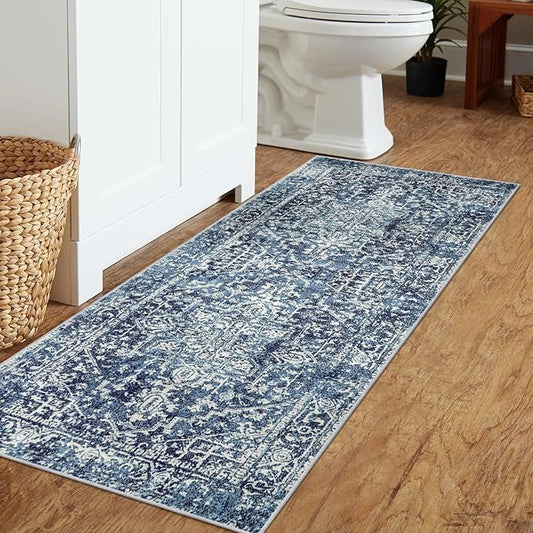 Morebes Washable 2x5 Bathroom Runner Rug, Vintage Medallion Runner Rug for Kitchen, Soft Low Pile Non Slip Indoor Floor Throw Carpet for Entryway Bedroom Hallways, Deep Blue