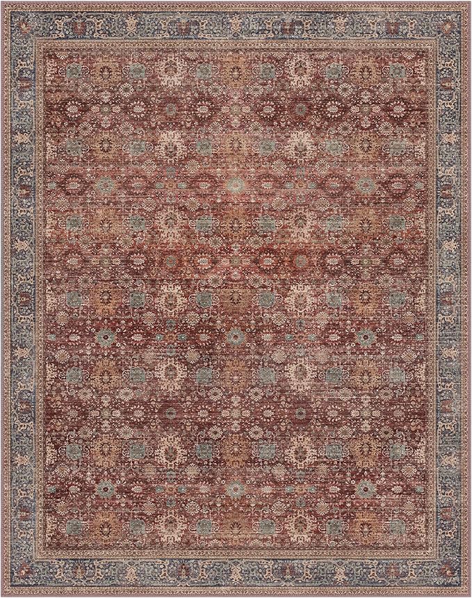 10X12 Area Rugs Machine Washable Rugs for Living Room, Vintage Boho Large Rugs for Bedroom Dining Room, Non Slip Indoor Soft Distressed Lightweight Thin Low Pile Carpet, Red Brown
