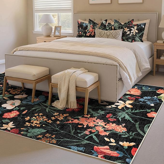 Black Area Rug 4x6 Office Floral Indoor Door Mat Washable Boho Kitchen Living Room Carpet Non Slip Bedroom Low Pile Lightweight Throw Rug for Dining Room Farmhouse