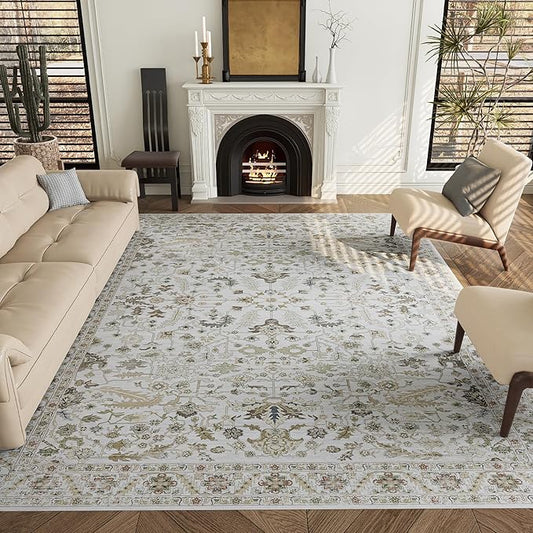 5x7 Rug, Washable Neutral Boho Modern Vintage Non Slip Floral Area Carpet, Low Pile Soft Rugs, Slip Resistance, Pet-Friendly, Durable Rug for Living Room, Bedroom, Kitchen, Dining Room