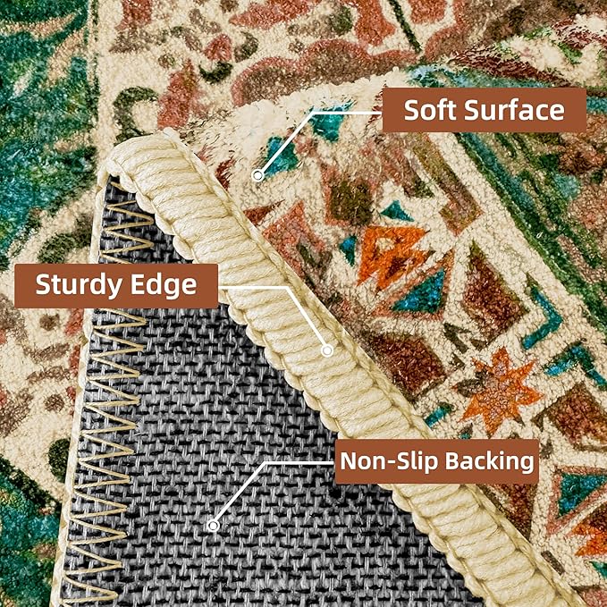 Washable Area Rug 2x3 Boho Entryway Rug Non Slip Small Vintage Rug for Entryway Door Mat Oriental Distressed Low-Pile Teal Rust Floor Carpet for Indoor Front Entrance Kitchen Bathroom Hallway
