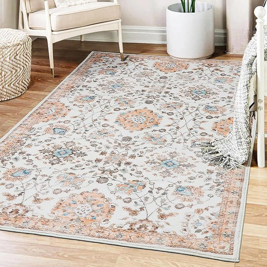 3x5 Area Rugs Washable Boho Rug, Non Slip Carpet for Living Room, Bedroom, Kitchen, Soft Low-Pile, Beige/Floral