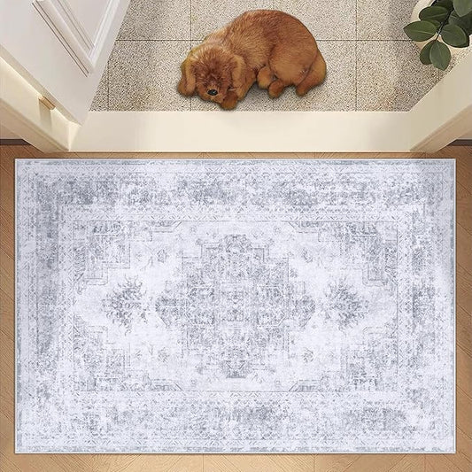 Entryway Rug 2x3 Vintage Rug, Machine Washable Small Area Rug Retro Medallion Distressed Rug Non-Slip Soft Low Pile Throw Rugs for Entryway Bedroom Bathroom Hallway Kitchen(LightGrey,2'x3')