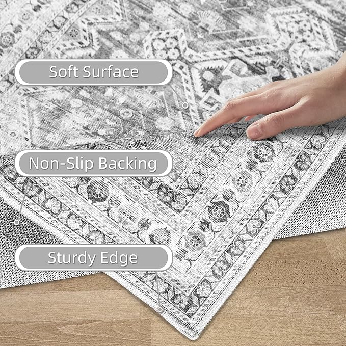 Zomfy Area Rug Vintage 8x10 Living Room Rugs: Large Washable Rug, Traditional Medallion Rug, Non Slip Boho Carpet for Bedroom Dining Table Kitchen Home Office(Grey, 8'x10')