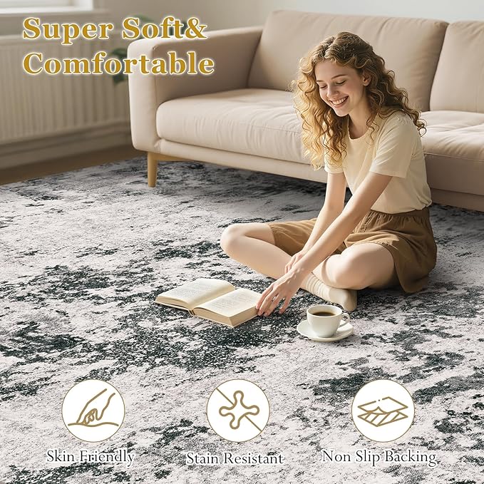 Area Rugs for Living Room: 10x14 Abstract Washable Rug Large Soft Stain Resistant Non-Slip Backing for Bedroom Dining Room Indoor Home Office Carpet for Kids Pet Friendly Families - Dark Grey