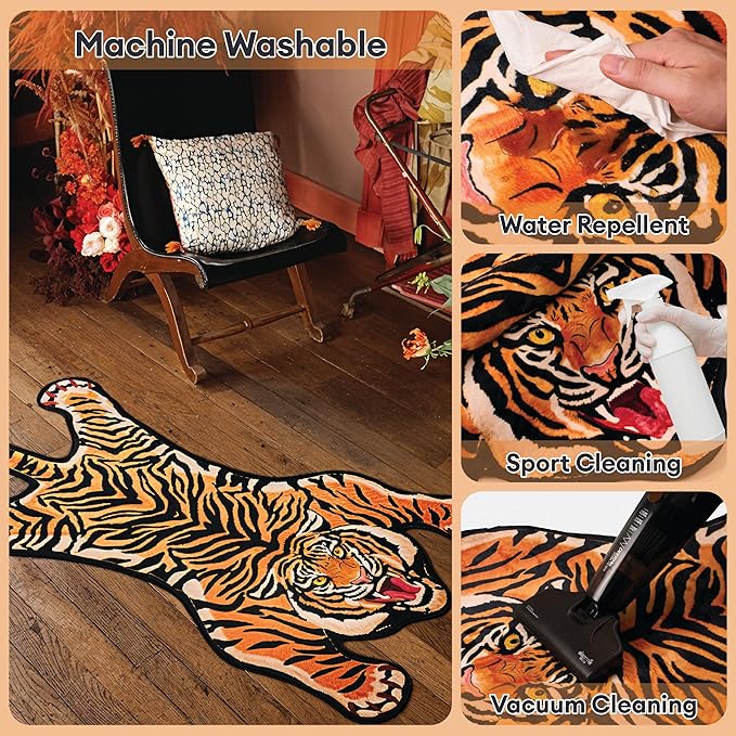 Tiger Printed Skin Area Rugs, Non- Slip Rug for Bathroom, Tiger Door Mat, Machine Washable Carpet for Bed Room 01