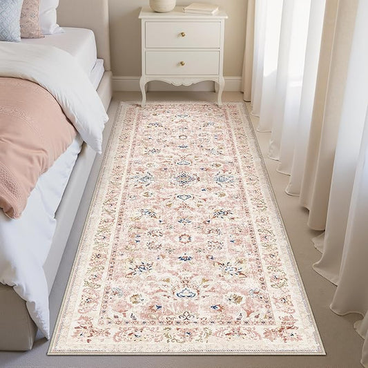 2x6 Washable Runner Rug Pink Neutral Carpet for Kitchen Hallway Floral Distressed Non-Slip Low Pile Soft Lightweight Vacuumable Throw Rug for Bathroom Bedroom Office Laundry