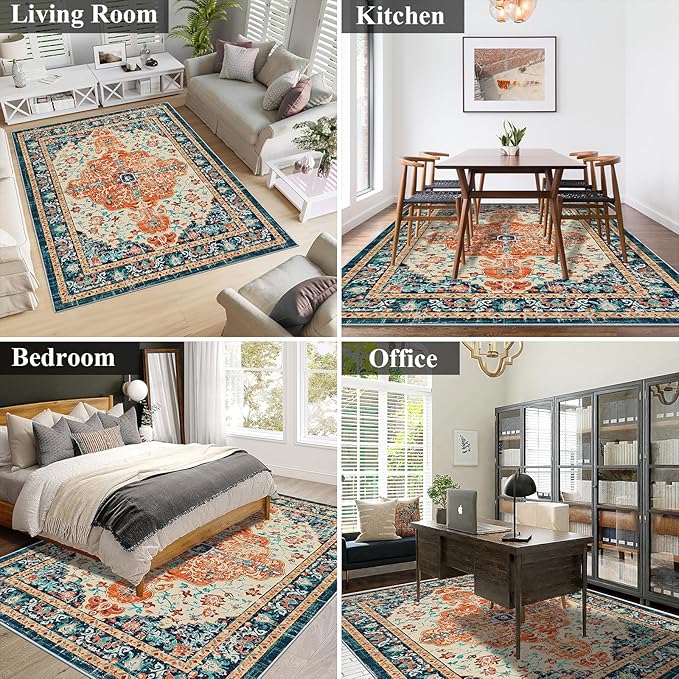 U'Artlines Boho Vintage Area Rug 5x7 Machine Washable Low Pile Soft Floor Carpet Non Slip Non Shedding Accent Rug for Living Room Bedroom Entryway Dining Room Office Orange/Multi