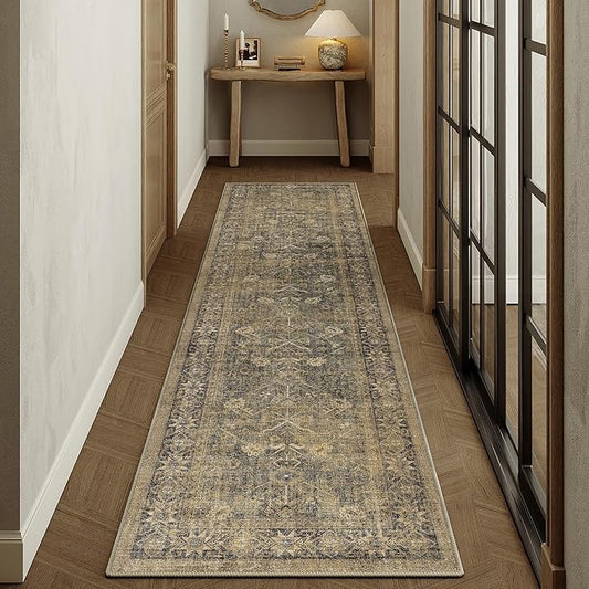 2x8 Brown Black Area Rug Runners for Hallways Washable Vintage Distressed Carpet Low Pile Non Slip Indoor Retro Soft Long Accent Rug Bedroom Kitchen Bathroom Laundry Dining Living Room