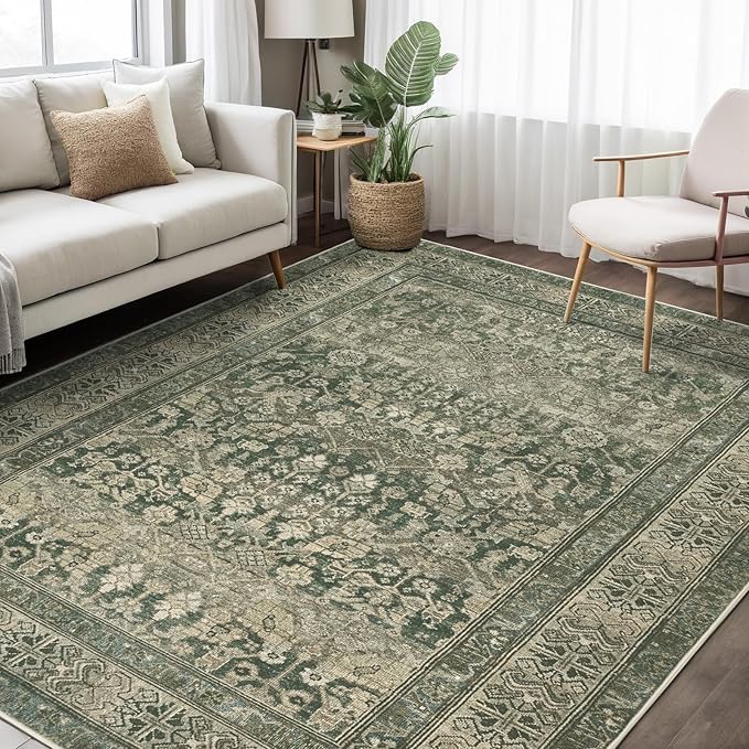 Vintage Washable Area Rug for Living Room,Low Pile 5x7 Non Slip Carpet Non-Shedding Area Rug Soft Indoor Stain Resistant Rug Floral Print Mat for Bedroom Dining Room Green