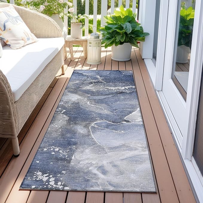 Addison Rugs Chantille ACN518 Blue 2'3" x 7'6" Indoor Outdoor Hallway Runner Rug, Stain Resistant Washable Kitchen Area Carpet for Bathroom, Laundry and Bedroom