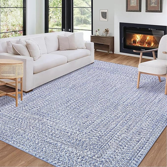 Washable Rug 9x12 Area Rug for Bedroom Printed Braided Modern Living Room Rug Soft Large Area Rug Non Slip Throw Rugs Stain Resistant Carpet for Nursery Dining Room Office 9'x12' Light Blue