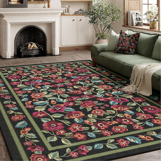 Black Area Rug 6x9 Washable Living Room Non Slip Bedroom Soft Floral Indoor Carpet Vintage Low Pile Accent Throw Rug for Office Dining Room Nursery Farmhouse