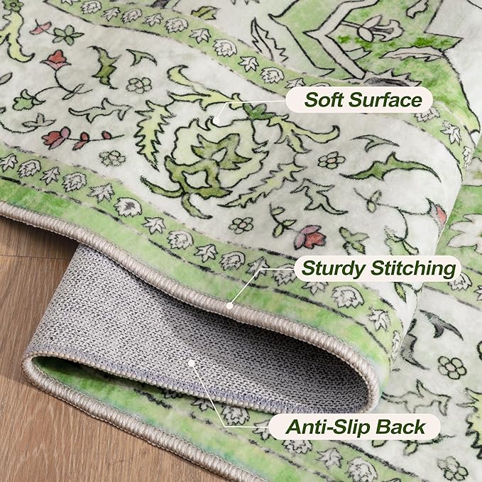 2.6x8 Washable Runner Rug for Hallways, Non Slip Vintage Runner Rug, Soft Low Pile Long, Print Distressed Green Carpet Runners for Kitchen Bedroom Entryway Bathroom Living Room