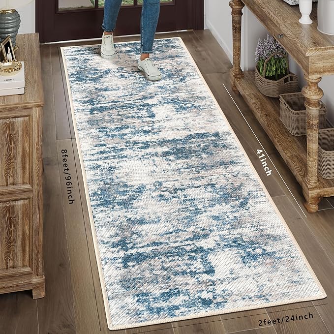 Abstract Washable Runner Rug, 2x8 Hallway Runner Rugs, No Pile, Tear and Stain Resistance, Non-Slip, Hand Woven Style Thin Kitchen Runners for High Traffic Hallway Entrance Laundry - Blue
