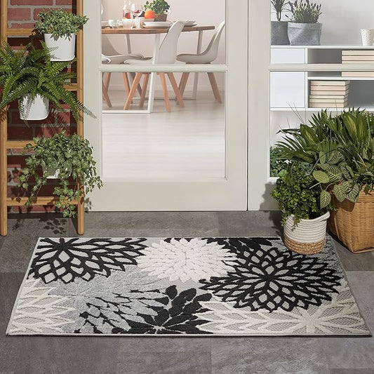 Nourison Aloha Indoor/Outdoor Black White 3' x 5' Area Rug, Easy Cleaning, Non Shedding, Bed Room, Living Room, Dining Room, Kitchen (3x5)