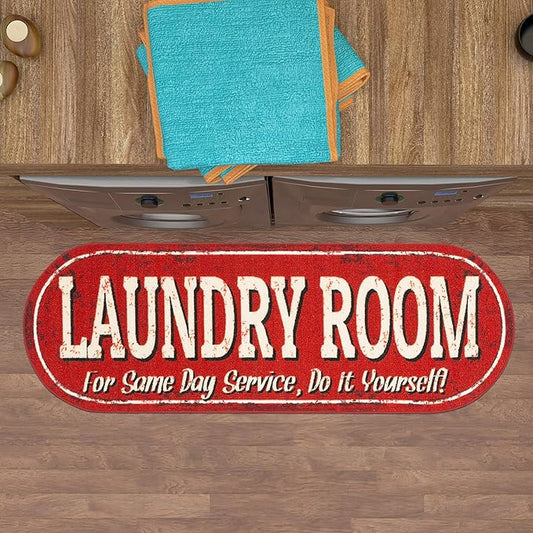 Machine Washable Text Design Laundry Room Rug Non-Slip Rubberback 2x5 Laundry Runner Rug for Laundry Room, Bathroom, Washroom, 20" x 59" Oval, Red