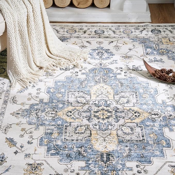 jinchan Runner Rug 3x8 Vintage Hallway Runner Boho Washable Rug Floral Medallion Retro Non Slip Classic Thin Soft Carpet for Kitchen Bedroom Bathroom Laundry Room Doorway Blue
