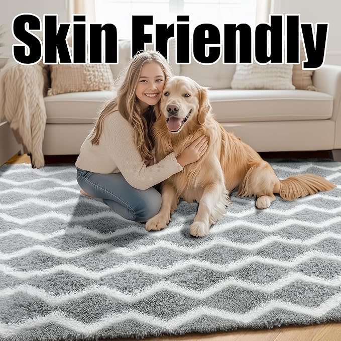 RUGTUDER Area Rug for Living Room, 5x8 Washable Fluffy Fuzzy Rugs for Bedroom, Non Slip Soft Plush Shaggy Large Chevron Zigzag Rug for Nursery Kids Room Office Playroom Classroom, Light Grey and White