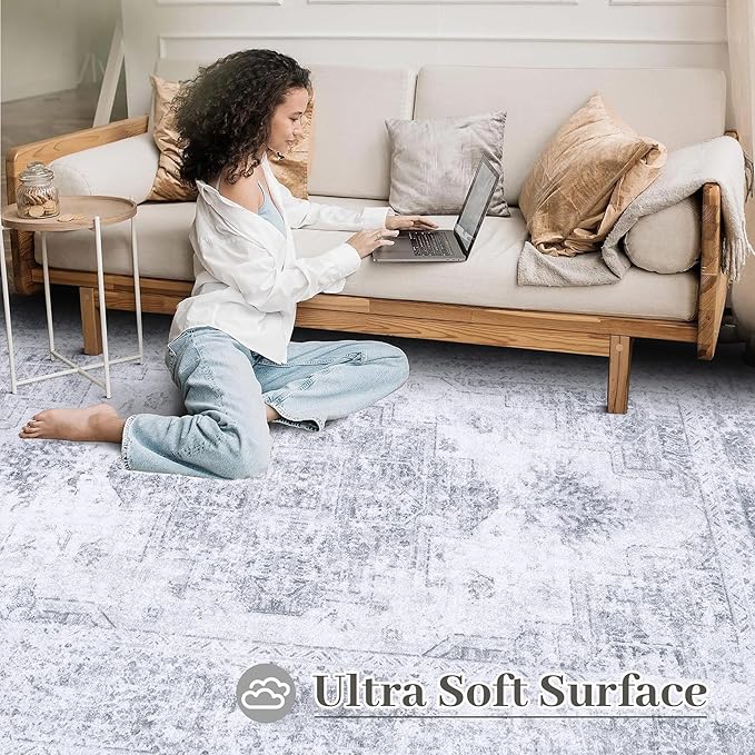 Runner Rug 2x6 Vintage Rug, Machine Washable Kitchen Runner Retro Medallion Distressed Rug Non-Slip Soft Low Pile Hallway Rug for Entryway Bedroom Bathroom Laundry(LightGrey,2'x6')