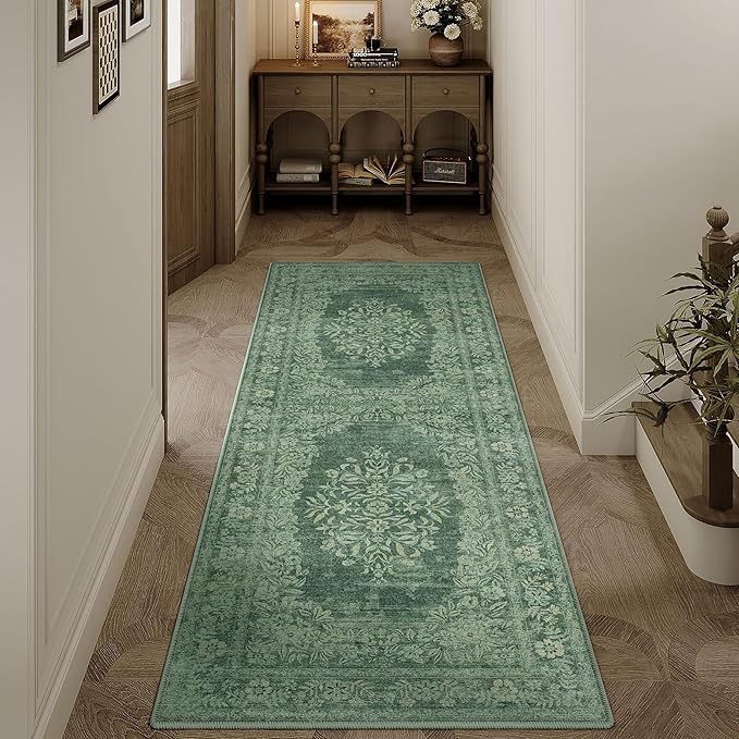 2x6 Runner Rug Green Washable Hallway Kitchen Bedroom Vintage Distressed Bathroom Non Slip Medallion Floral Carpet Indoor Retro Throw Floor Mat for Office Dining Laundry Living Room