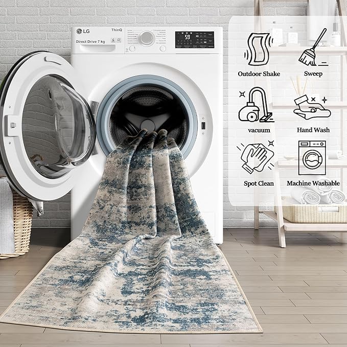 Abstract Washable Runner Rug, 2x8 Hallway Runner Rugs, No Pile, Tear and Stain Resistance, Non-Slip, Hand Woven Style Thin Kitchen Runners for High Traffic Hallway Entrance Laundry - Blue