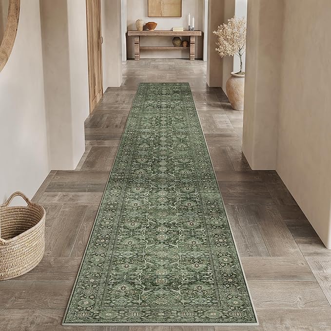 Green Runner Rug 2x8 Vintage Area Carpet Hallway Long Indoor Kitchen Washable Living Room Low Pile Traditional Distressed Retro Accent Throw Rug Non Slip Laundry Bathroom Office Dining Room